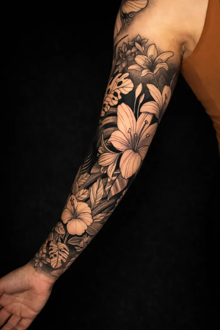 Fechamento de braço em black and grey por Márcio Lemes