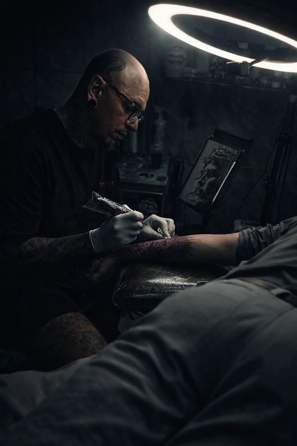 Márcio Lemes tatuando um cliente no estúdio Manifest Tattoo em São José dos Campos